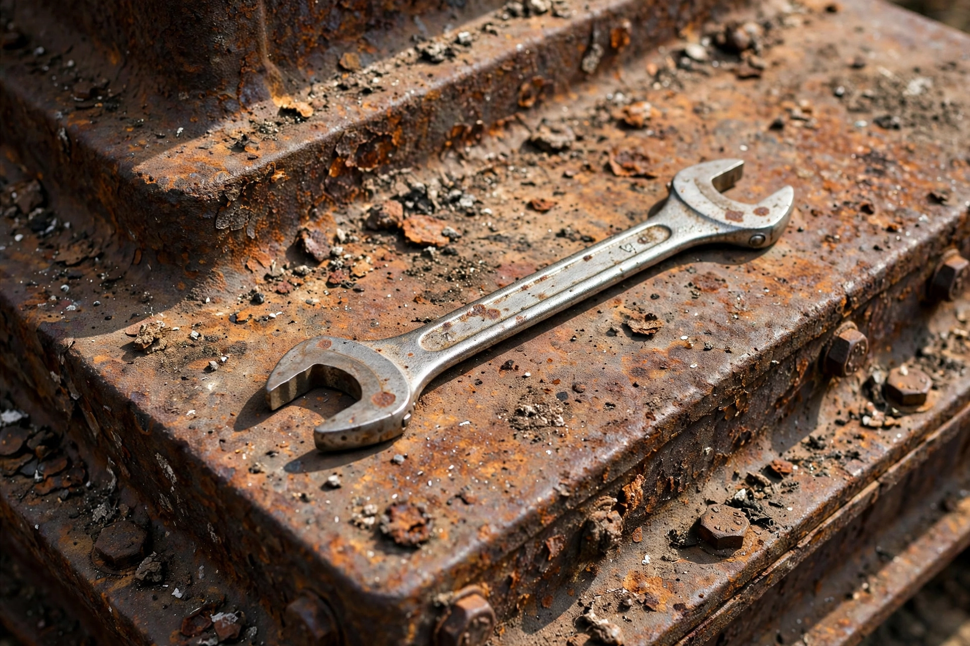 Furnace base with surface rust and a wrench on top