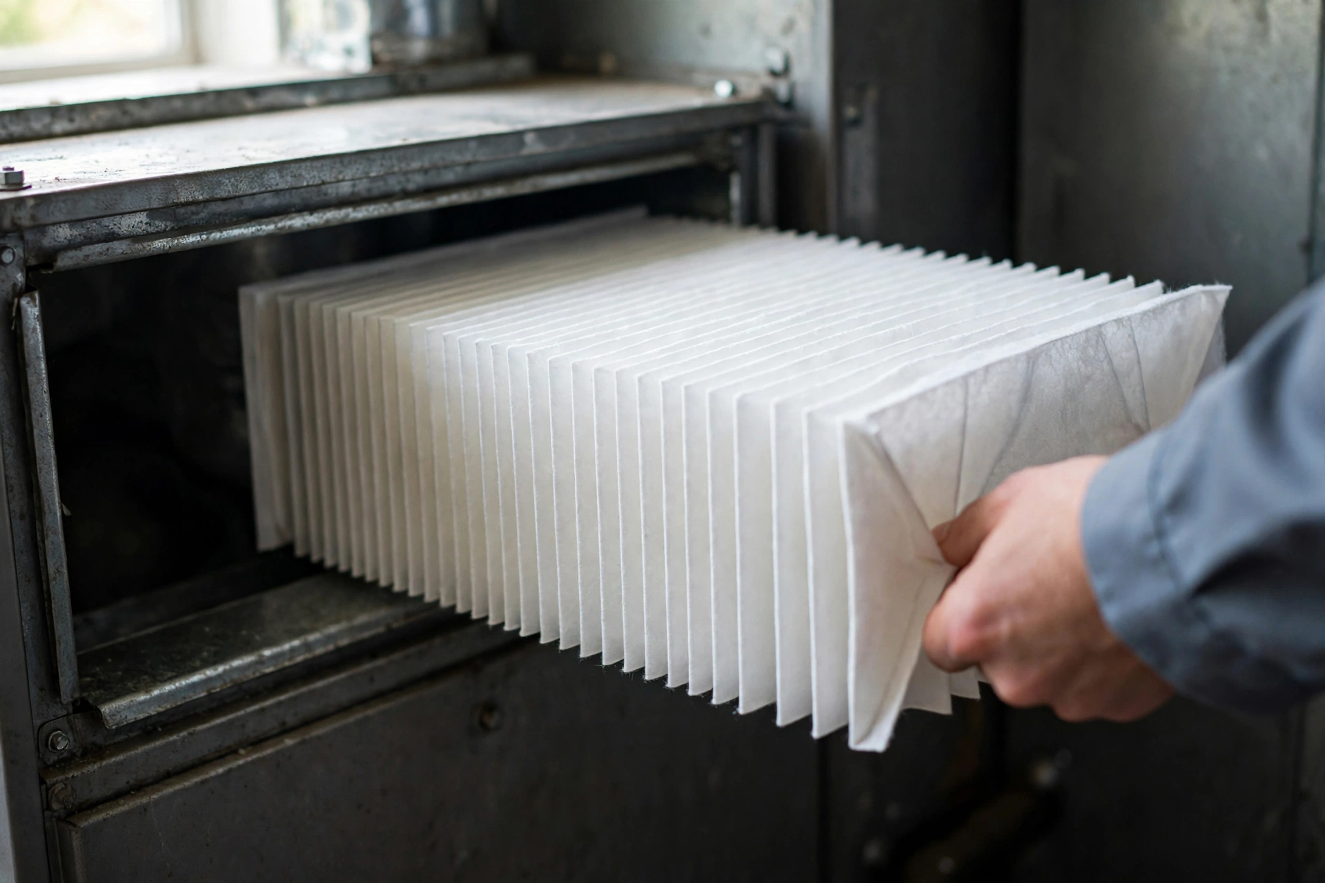 Clean white filter sliding into a furnace filter slot