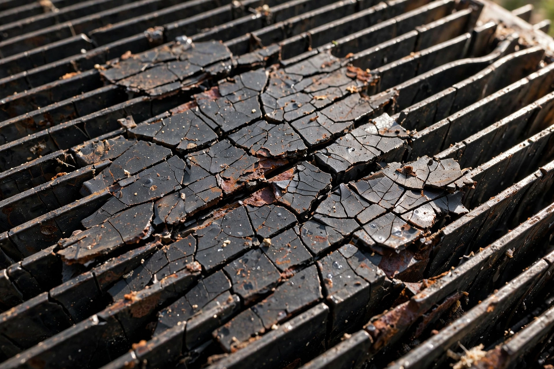Cracked dark steel heat exchanger metal close-up