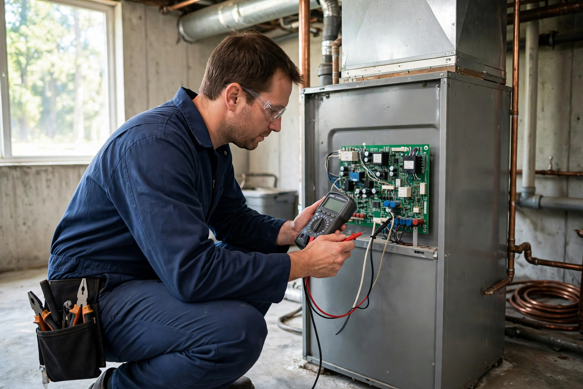Technician testing a furnace control board with a multimeter