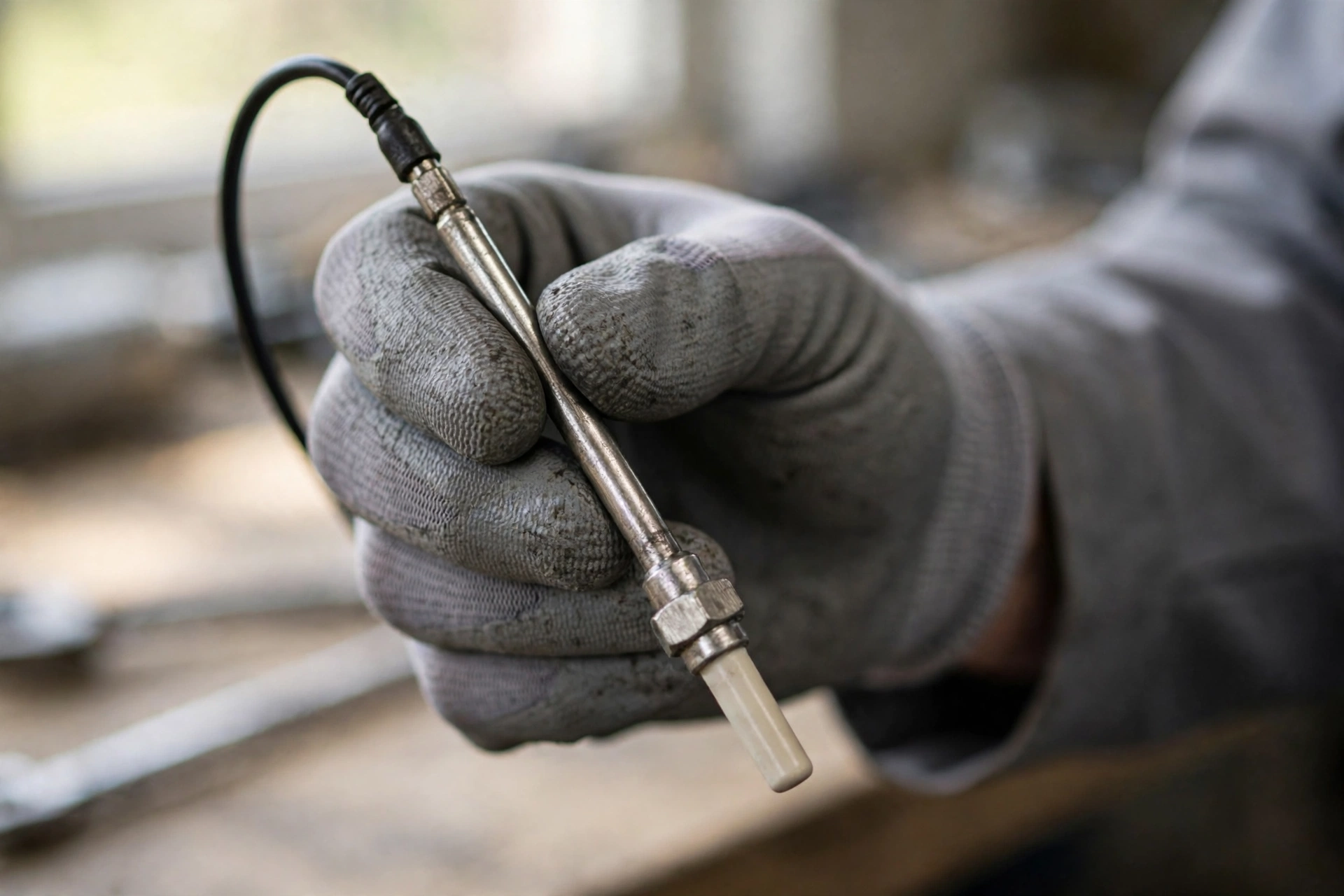 Gloved hand holding a metal flame sensor rod