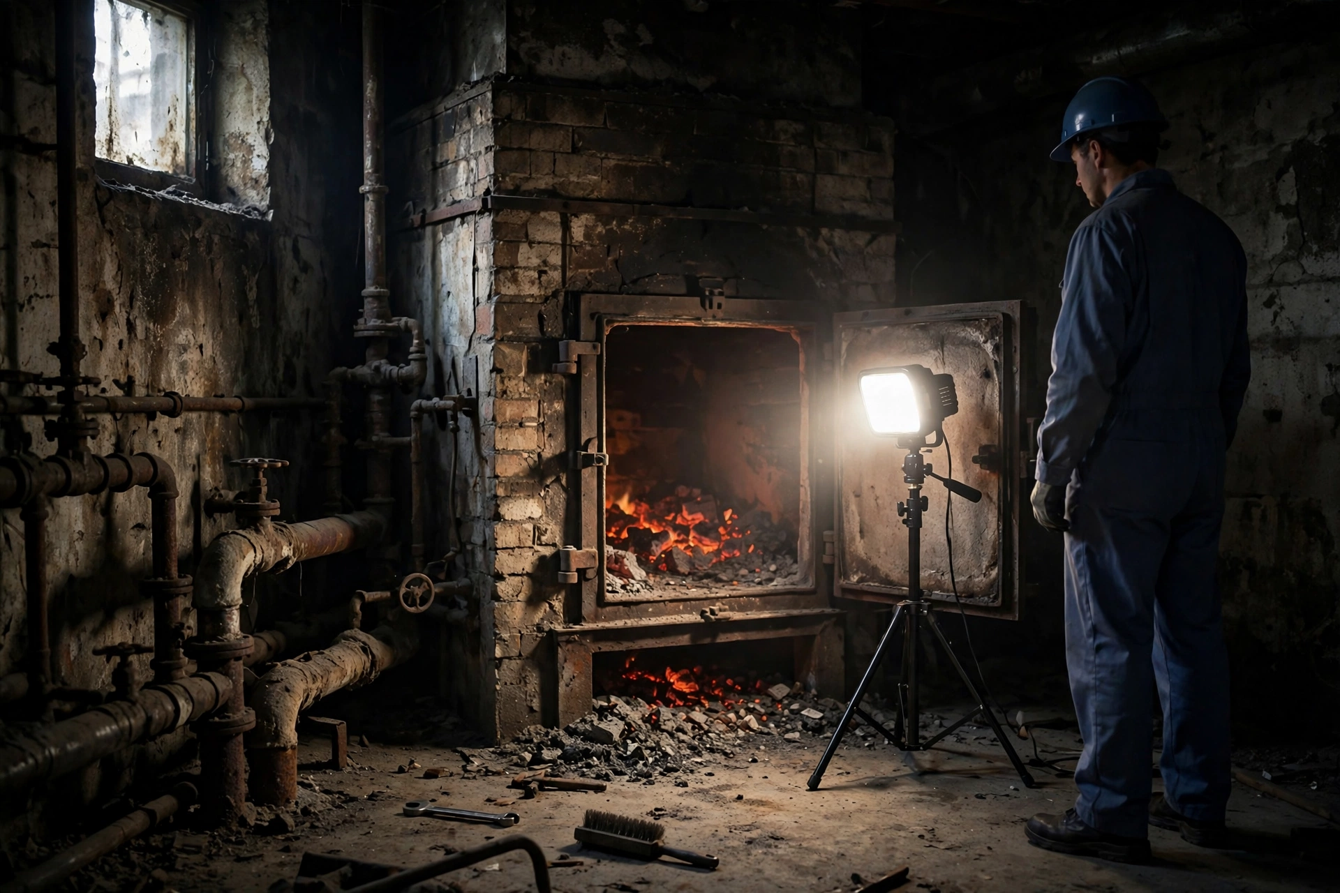 Portable work light illuminating a furnace room