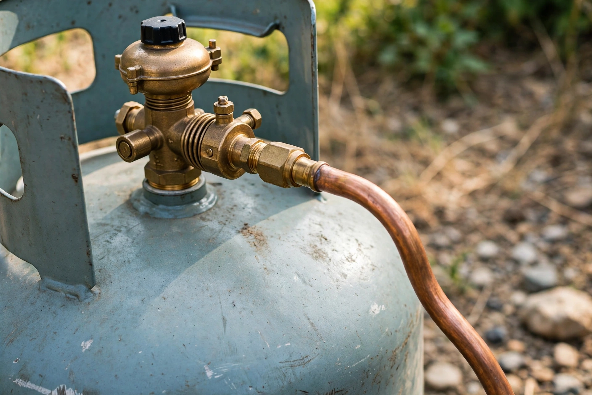 Propane regulator and copper line at an outdoor tank