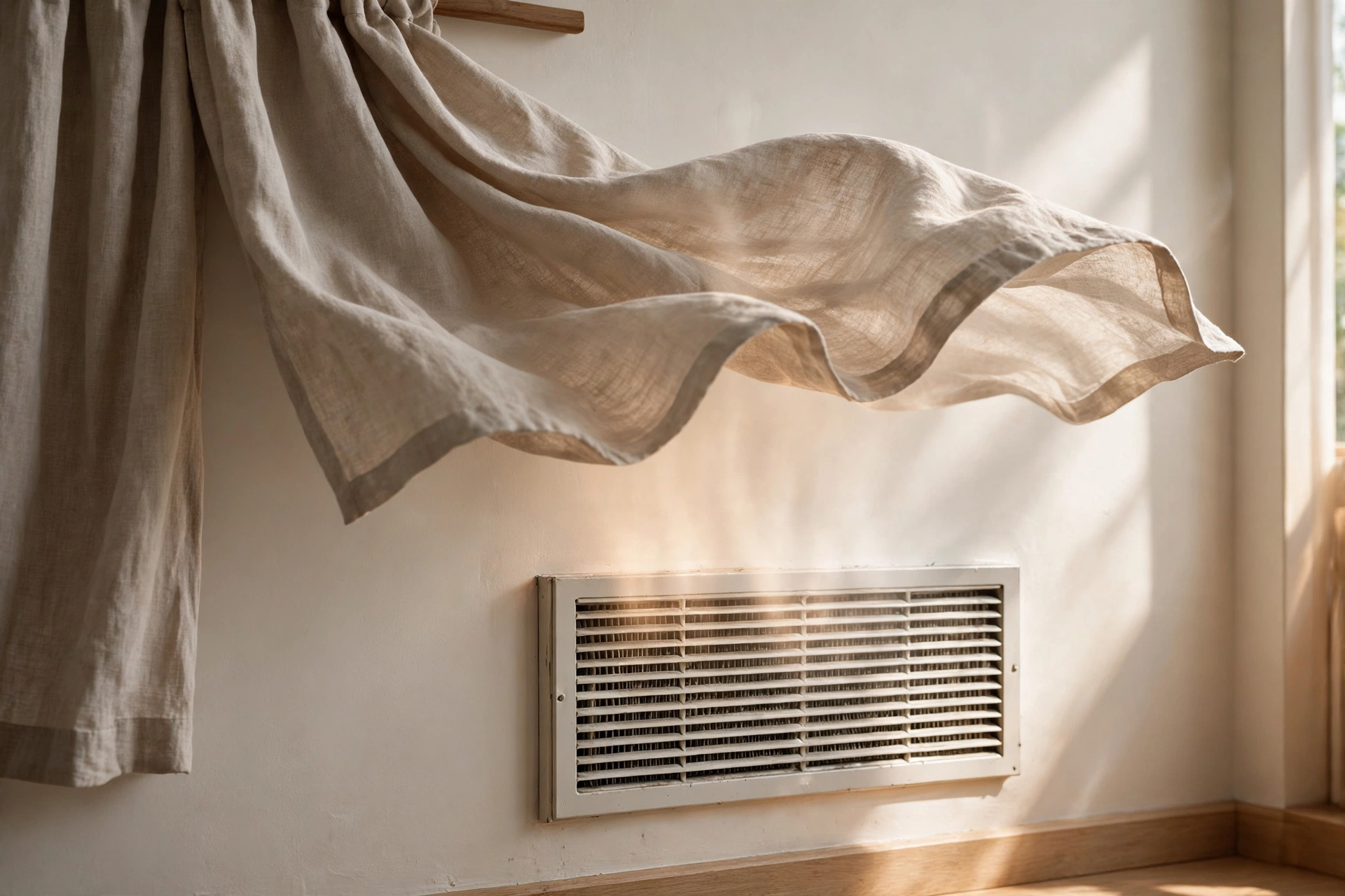 Wall vent register with a curtain moving in warm air