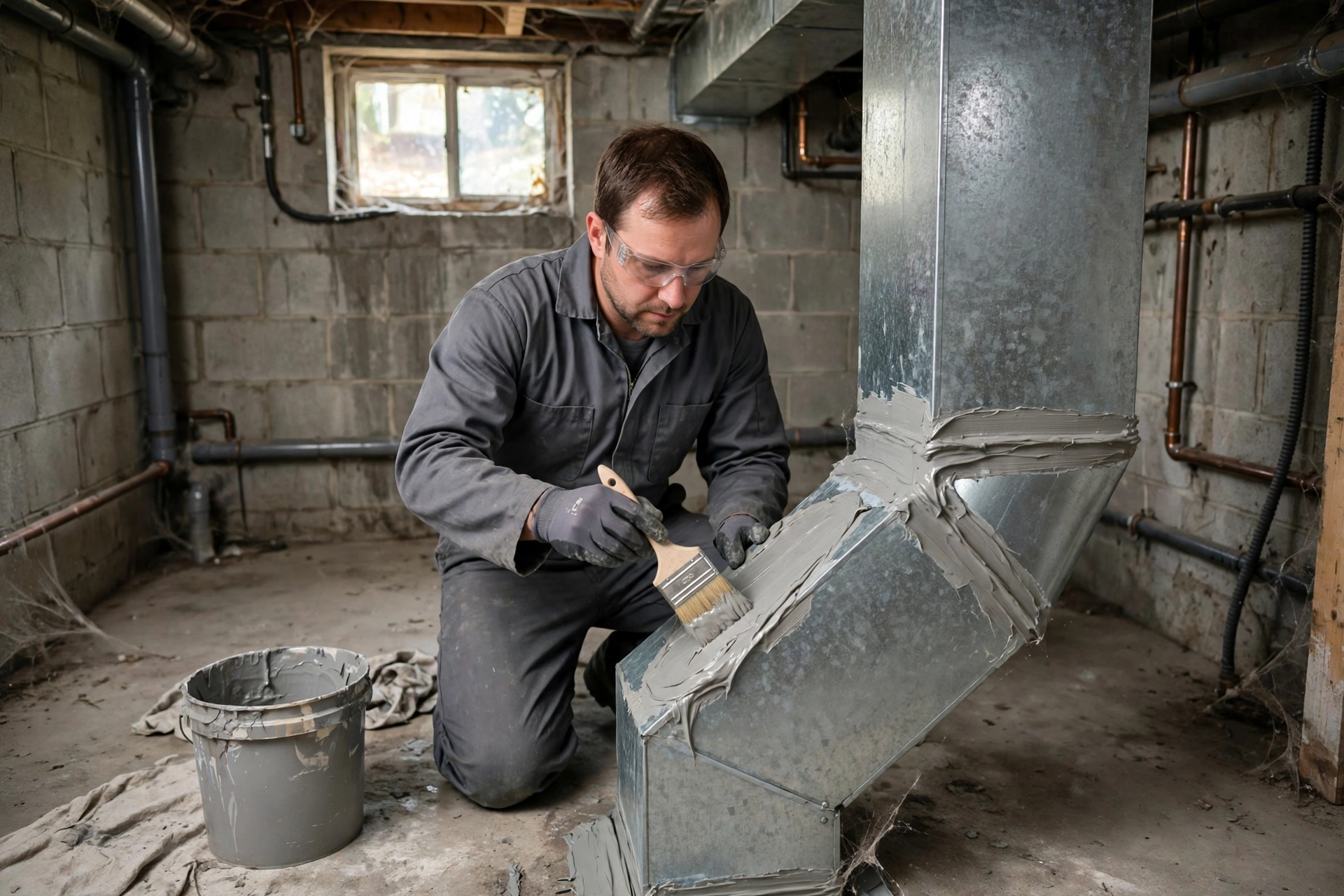 Technician sealing a duct joint with mastic