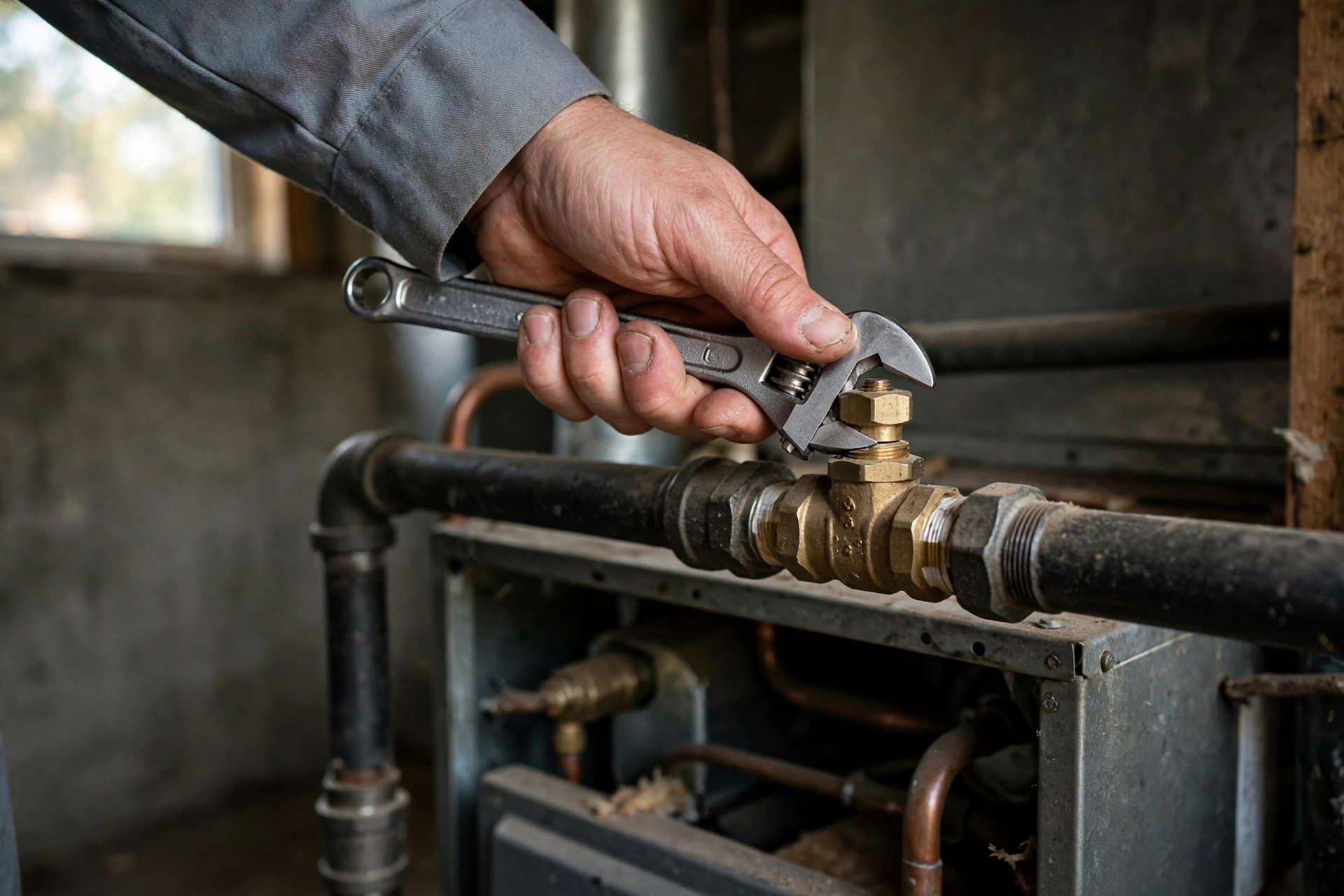 Technician adjusting a brass gas valve on a furnace