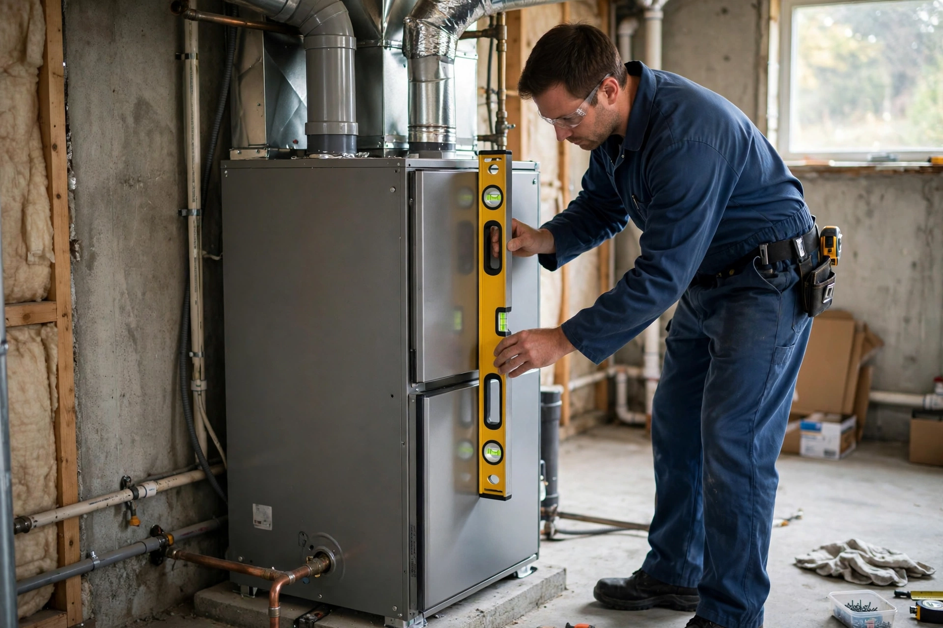 Technician leveling a newly installed furnace