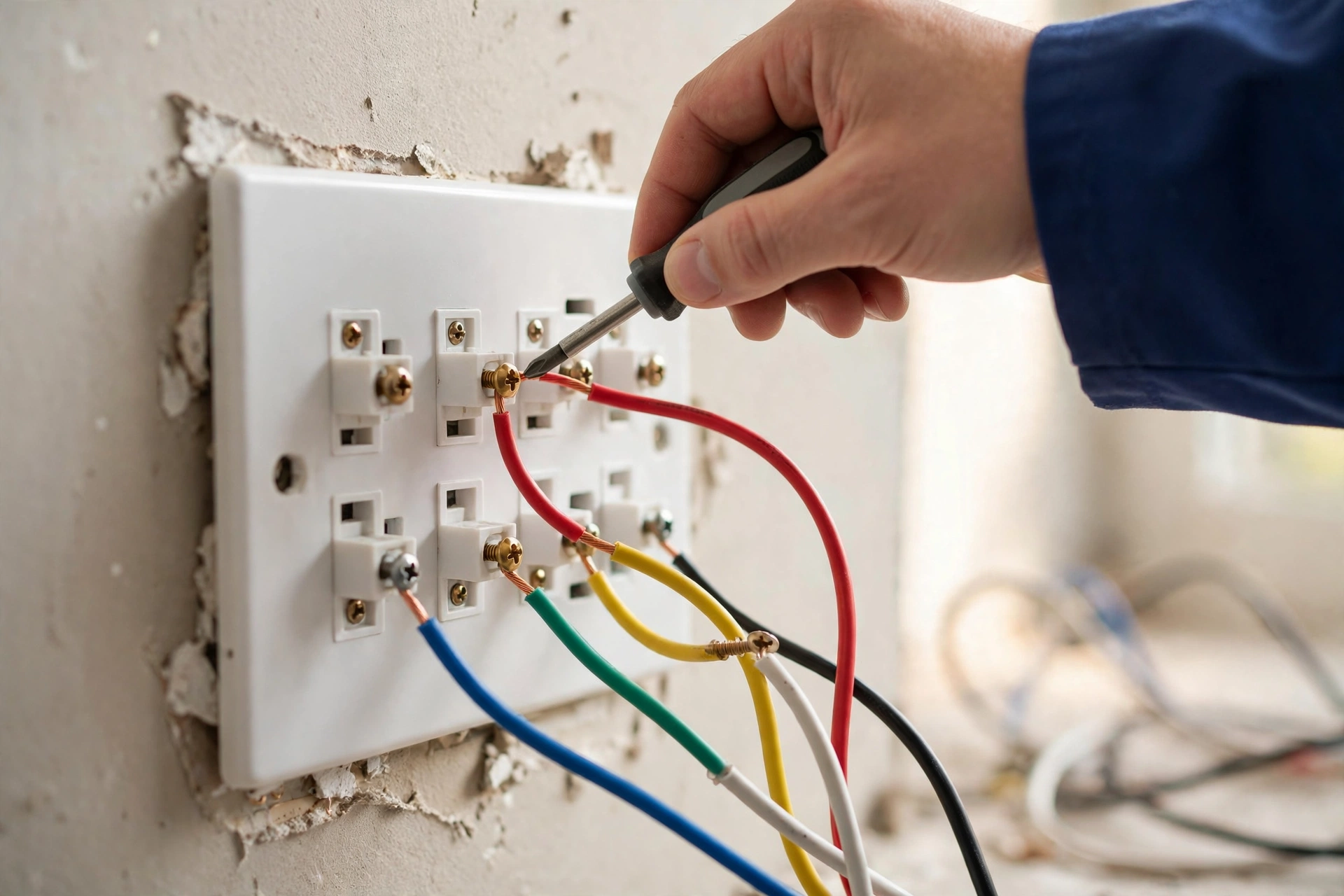 Thermostat backplate wiring being connected