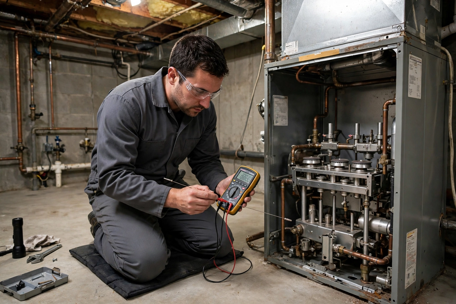 Technician testing a flame sensor with a multimeter at an open furnace