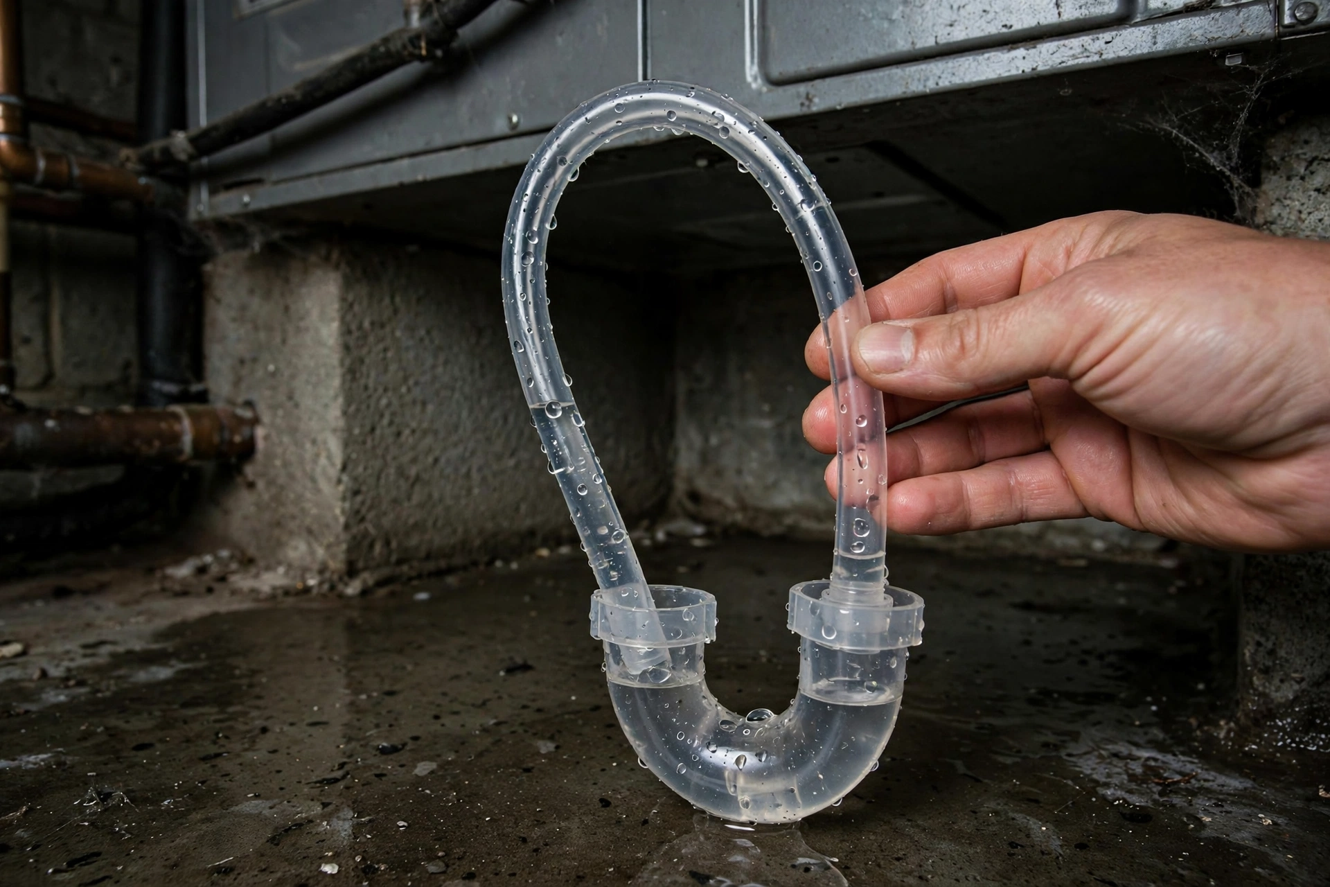 Hand holding a clear condensate trap and drain tube under a furnace