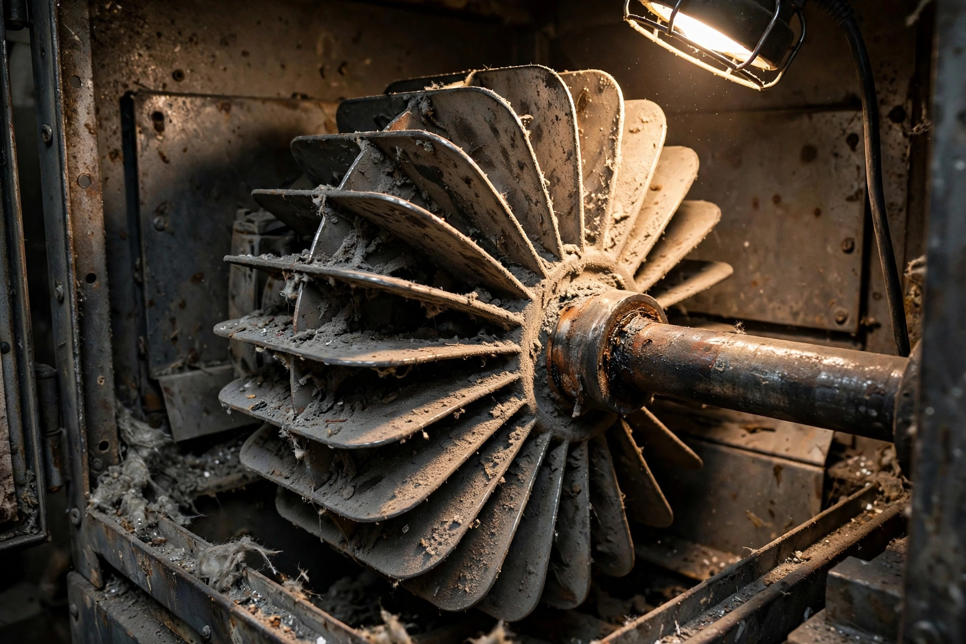 Dust covered blower wheel inside an open furnace cabinet