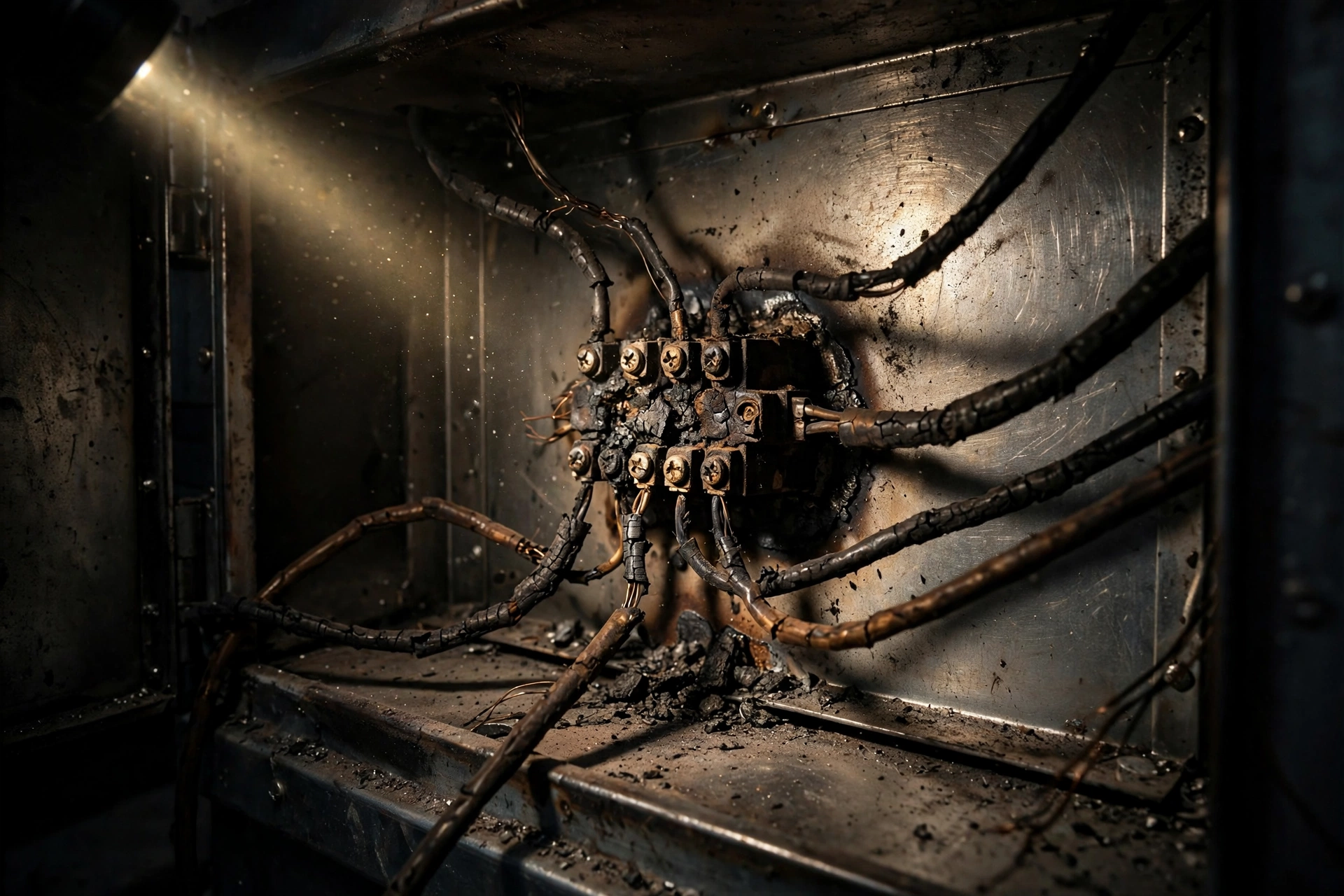 Scorched terminal block and heat darkened wiring inside a furnace cabinet